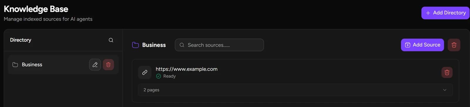 Knowledge Base with a website source indexed and ready for AI agents