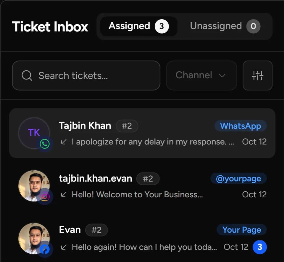 Ticket Inbox with WhatsApp, Instagram, and Facebook tickets in one list