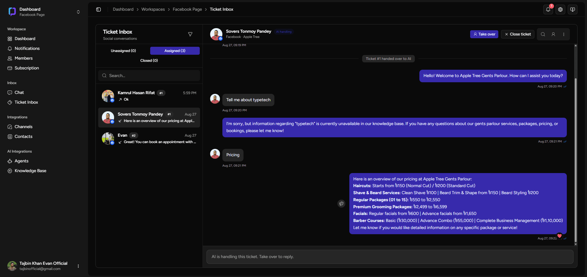 Onedesk Pro ticket inbox showing Facebook conversations with AI-assisted replies grounded in uploaded business knowledge